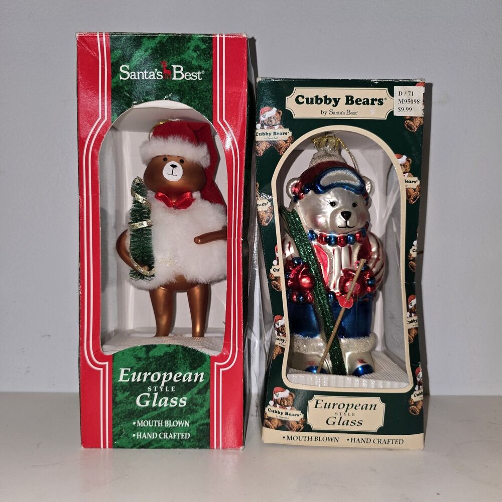 Vintage Santas Best Glass Christmas Ornaments European Style Glass Bear Lot Of 2